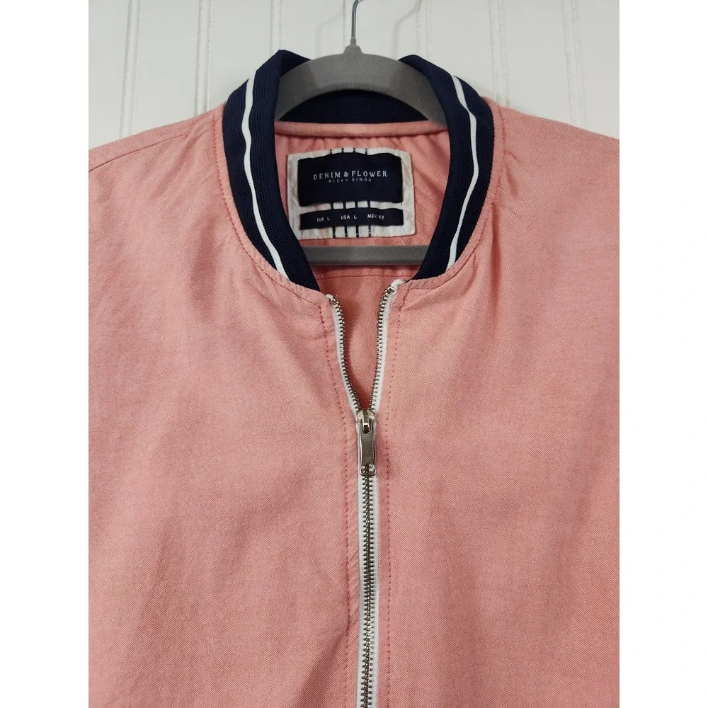 Denim & Flower Mens Pink Salmon Cotton Oxford Bomber Jacket Large Y2K Preppy